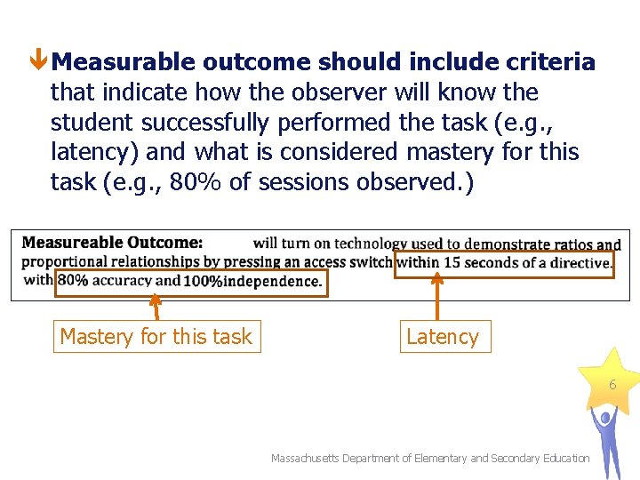  Measurable outcome should include criteria that indicate how the observer will know the