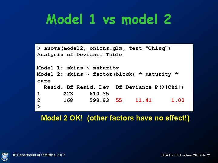 Model 1 vs model 2 > anova(model 2, onions. glm, test="Chisq") Analysis of Deviance