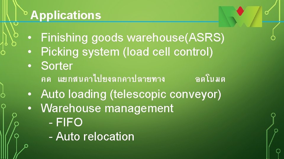 Applications • Finishing goods warehouse(ASRS) • Picking system (load cell control) • Sorter คด