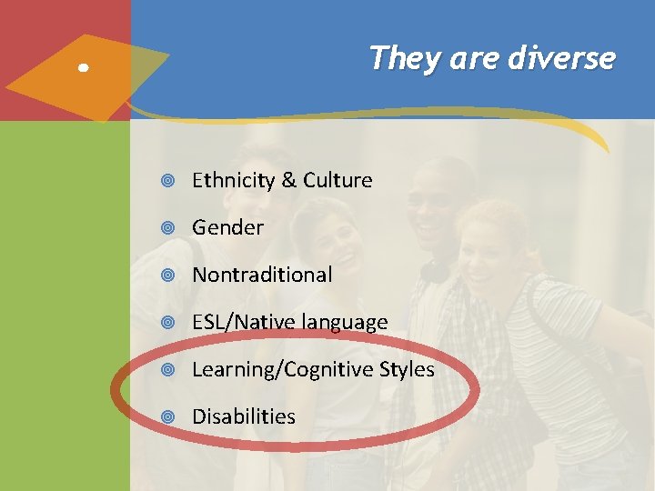 They are diverse Ethnicity & Culture Gender Nontraditional ESL/Native language Learning/Cognitive Styles Disabilities They are diverse Ethnicity & Culture Gender Nontraditional ESL/Native language Learning/Cognitive Styles Disabilities