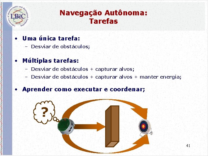 Navegação Autônoma: Tarefas • Uma única tarefa: – Desviar de obstáculos; • Múltiplas tarefas: