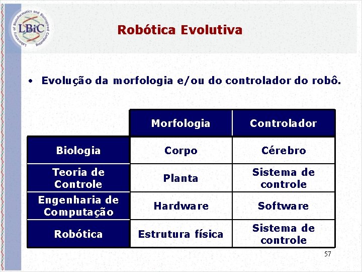 Robótica Evolutiva • Evolução da morfologia e/ou do controlador do robô. Morfologia Controlador Biologia