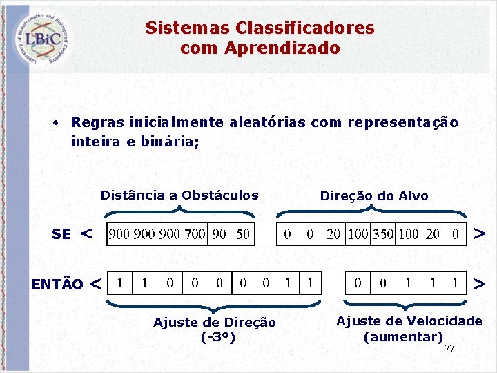 Sistemas Classificadores com Aprendizado • Regras inicialmente aleatórias com representação inteira e binária; Distância