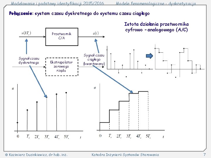 Modelowanie i podstawy identyfikacji 2015/2016 Modele fenomenologiczne - dyskretyzacja Połączenie: system czasu dyskretnego do