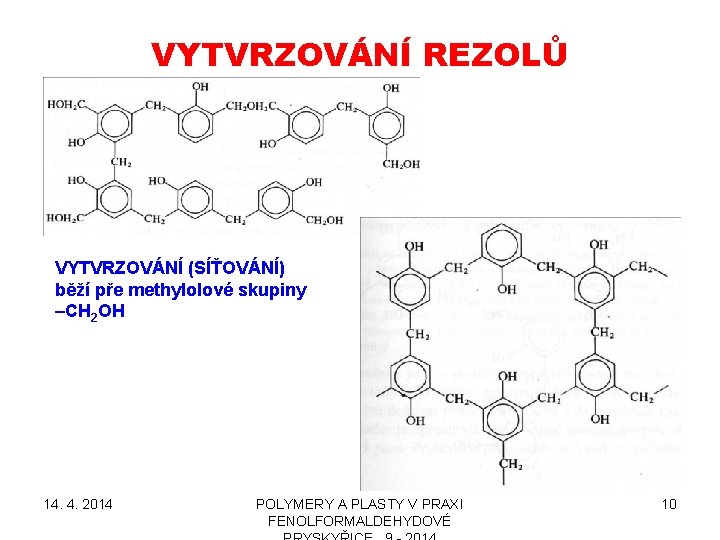 VYTVRZOVÁNÍ REZOLŮ VYTVRZOVÁNÍ (SÍŤOVÁNÍ) běží pře methylolové skupiny –CH 2 OH 14. 4. 2014