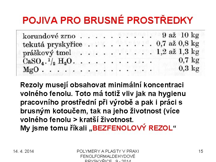 POJIVA PRO BRUSNÉ PROSTŘEDKY Rezoly musejí obsahovat minimální koncentraci volného fenolu. Toto má totiž