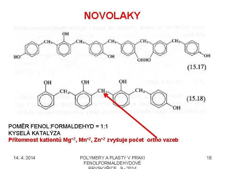 NOVOLAKY POMĚR FENOL: FORMALDEHYD = 1: 1 KYSELÁ KATALÝZA Přítomnost kationtů Mg+2, Mn+2, Zn+2