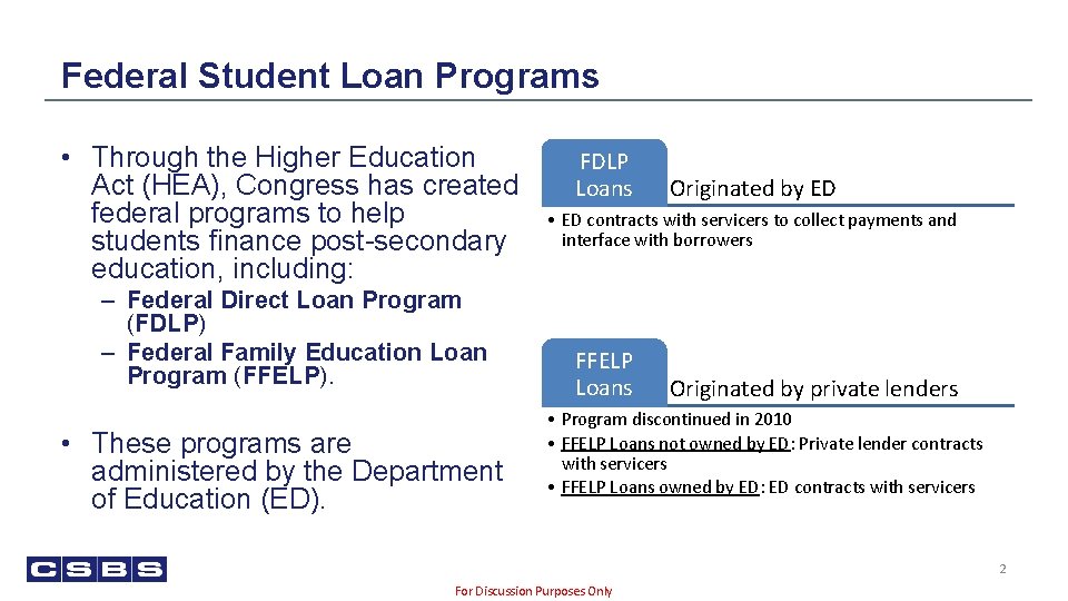Federal Student Loan Programs • Through the Higher Education Act (HEA), Congress has created