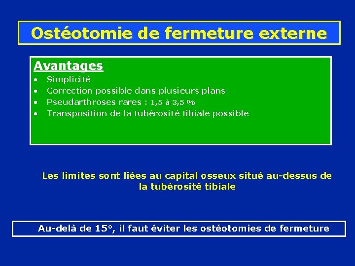 Ostéotomie de fermeture externe Avantages • • Simplicité Correction possible dans plusieurs plans Pseudarthroses