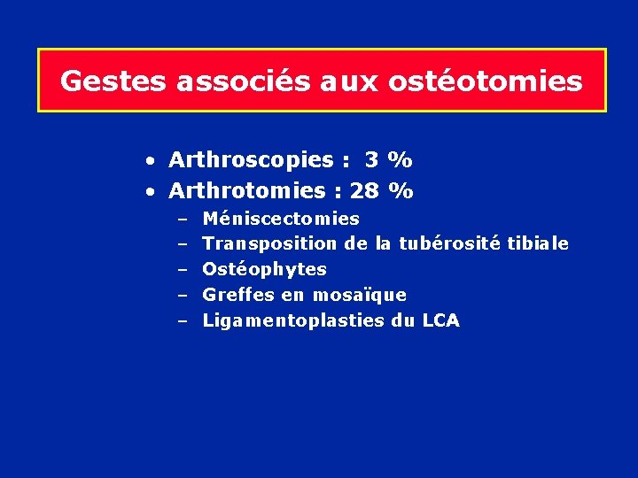Gestes associés aux ostéotomies • Arthroscopies : 3 % • Arthrotomies : 28 %