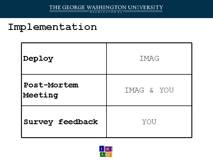 Implementation Deploy Post-Mortem Meeting Survey feedback IMAG & YOU 