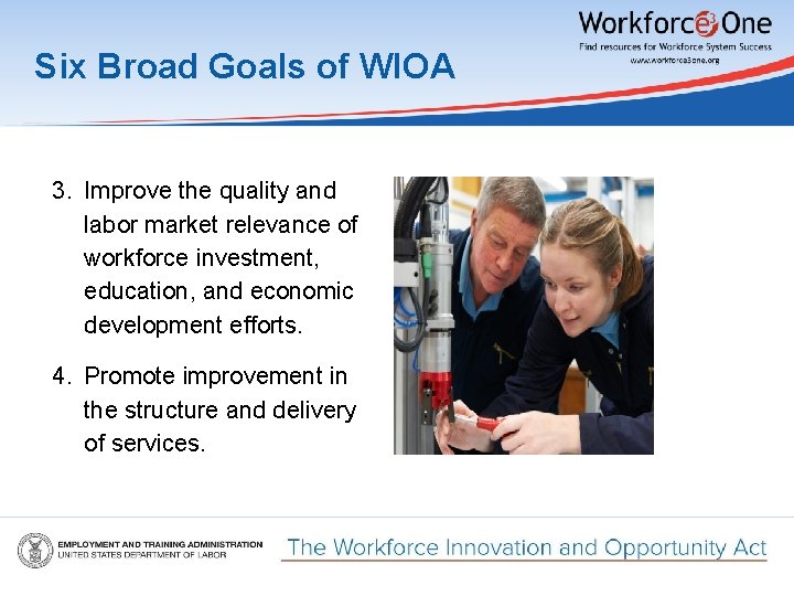 Six Broad Goals of WIOA 3. Improve the quality and labor market relevance of