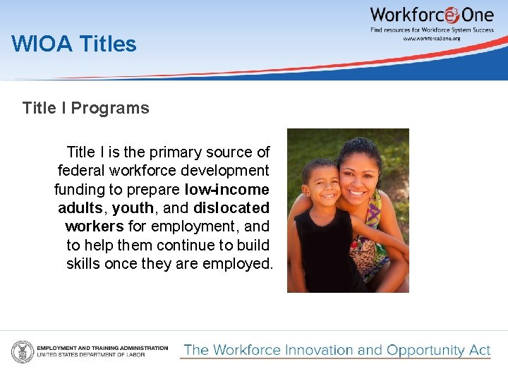 WIOA Titles Title I Programs Title I is the primary source of federal workforce