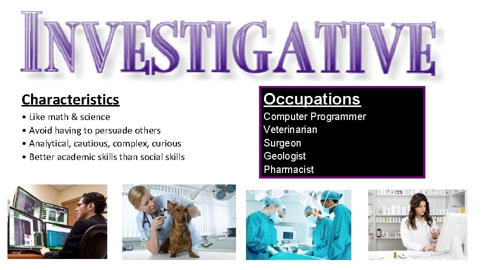 Characteristics Occupations • Like math & science • Avoid having to persuade others •
