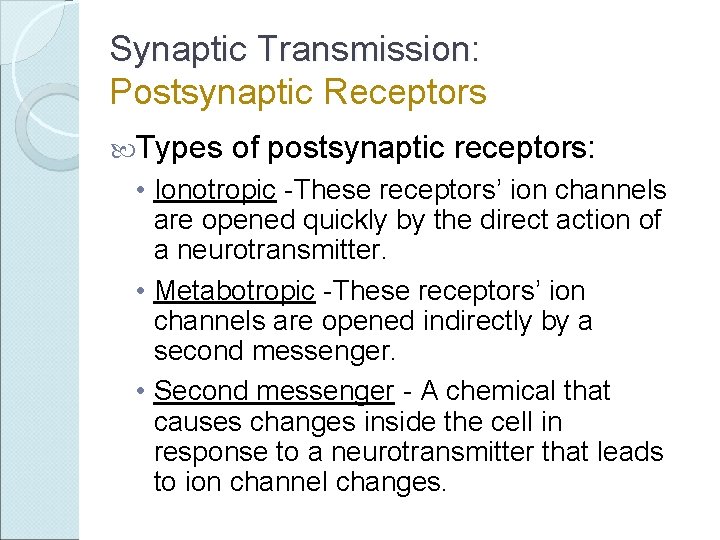 Synaptic Transmission: Postsynaptic Receptors Types of postsynaptic receptors: • Ionotropic -These receptors’ ion channels