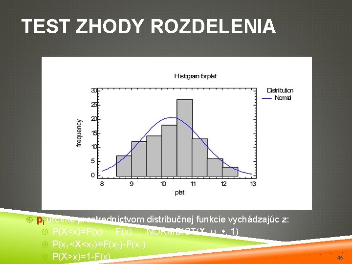 TEST ZHODY ROZDELENIA pi určíme prostredníctvom distribučnej funkcie vychádzajúc z: P(X<x)=F(x) …. NORMDIST(X, µ,