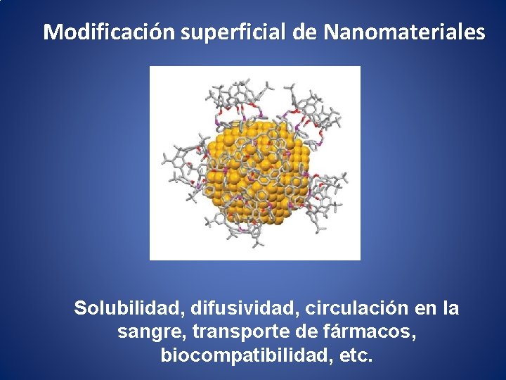 Modificación superficial de Nanomateriales Solubilidad, difusividad, circulación en la sangre, transporte de fármacos, biocompatibilidad,