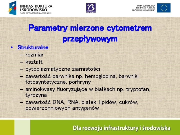 Parametry mierzone cytometrem przepływowym • Strukturalne – rozmiar – kształt – cytoplazmatyczne ziarnistości –