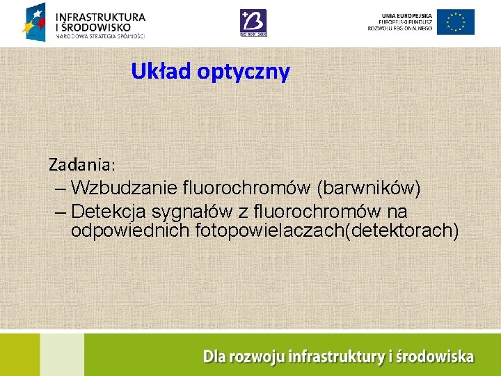 Układ optyczny Zadania: – Wzbudzanie fluorochromów (barwników) – Detekcja sygnałów z fluorochromów na odpowiednich