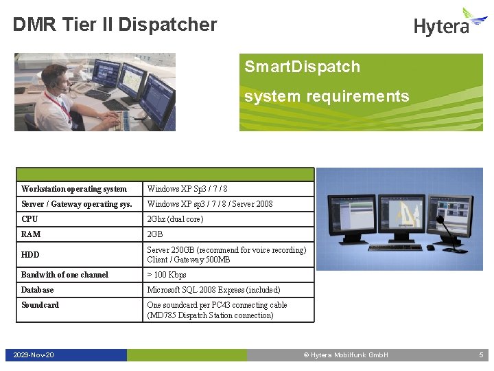 DMR Tier II Dispatcher Smart. Dispatch system requirements Workstation operating system Windows XP Sp