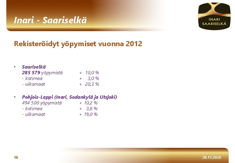 Inari - Saariselkä Rekisteröidyt yöpymiset vuonna 2012 • Saariselkä 285 579 yöpymistä - kotimaa