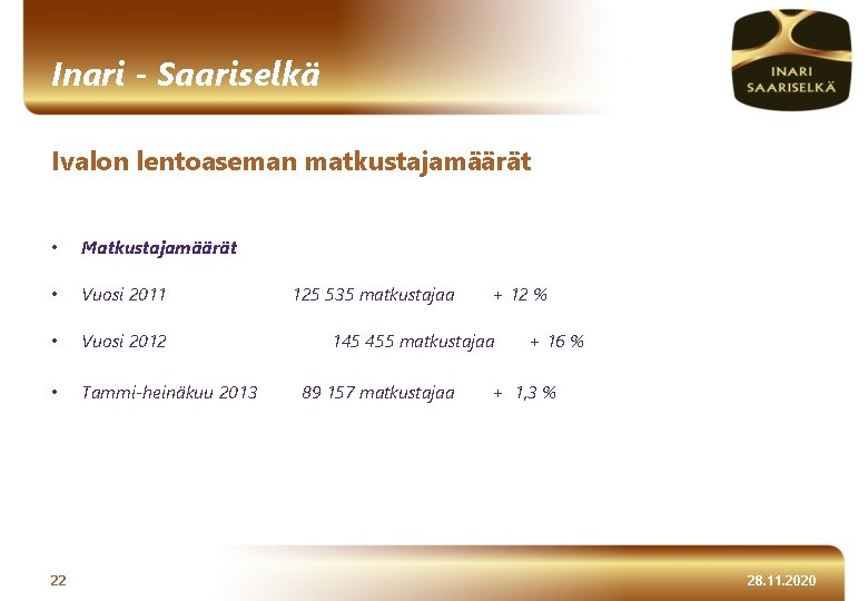 Inari - Saariselkä Ivalon lentoaseman matkustajamäärät • Matkustajamäärät • Vuosi 2011 • Vuosi 2012
