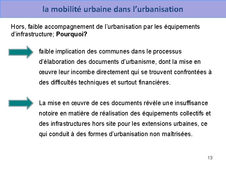 la mobilité urbaine dans l’urbanisation Hors, faible accompagnement de l’urbanisation par les équipements d’infrastructure;