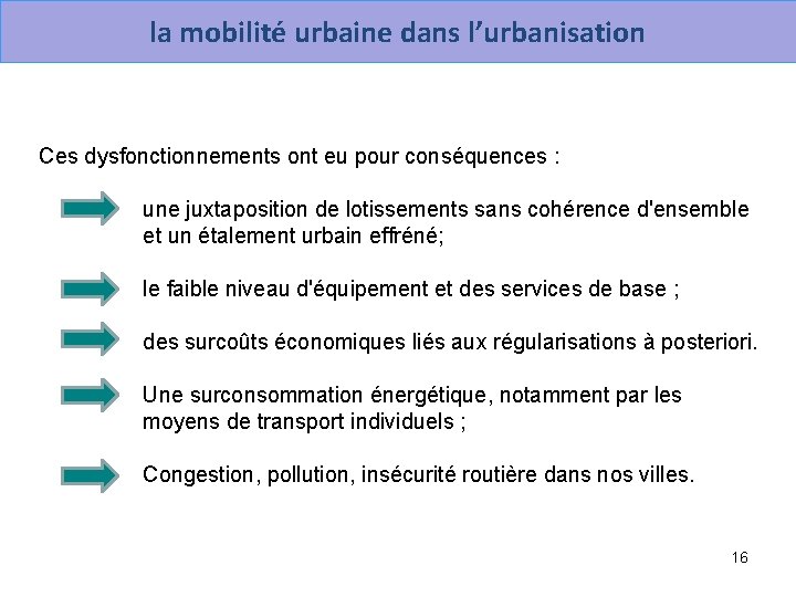 la mobilité urbaine dans l’urbanisation Ces dysfonctionnements ont eu pour conséquences : une juxtaposition