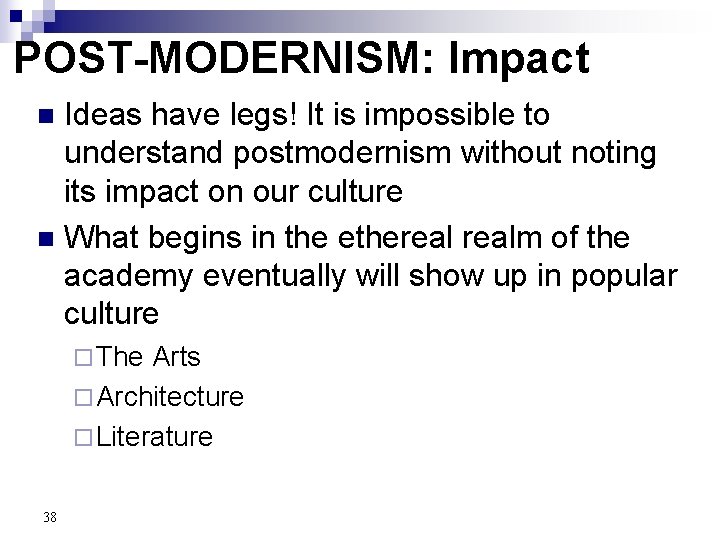 POST-MODERNISM: Impact Ideas have legs! It is impossible to understand postmodernism without noting its