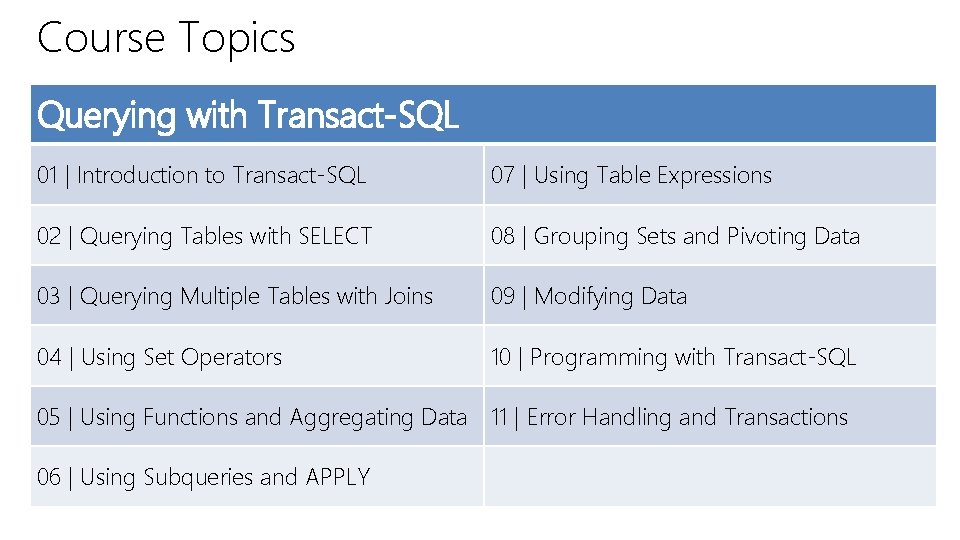 Course Topics Querying with Transact-SQL 01 | Introduction to Transact-SQL 07 | Using Table