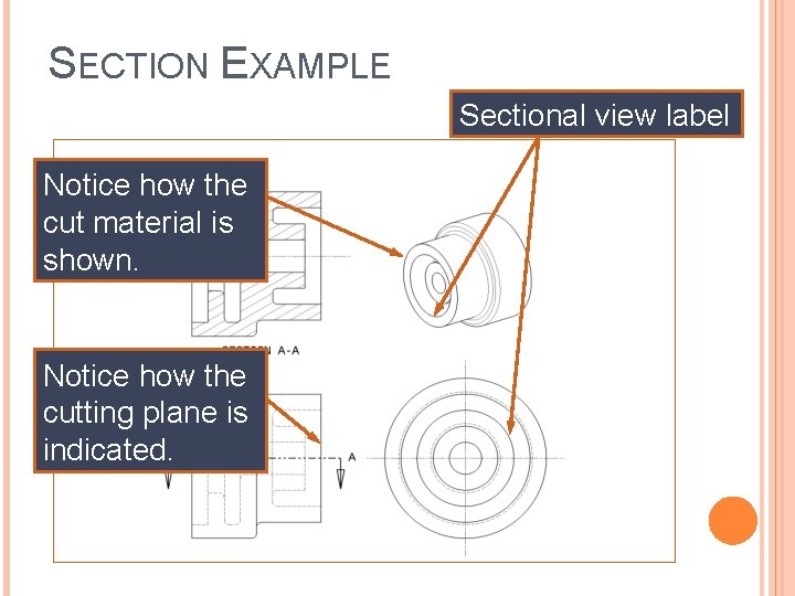 SECTION EXAMPLE Sectional view label Notice how the cut material is shown. Notice how