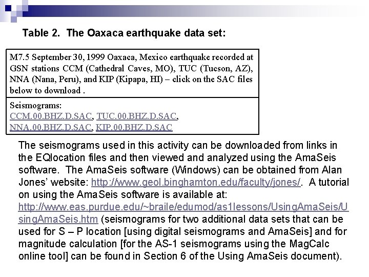 Table 2. The Oaxaca earthquake data set: M 7. 5 September 30, 1999 Oaxaca, Table 2. The Oaxaca earthquake data set: M 7. 5 September 30, 1999 Oaxaca,