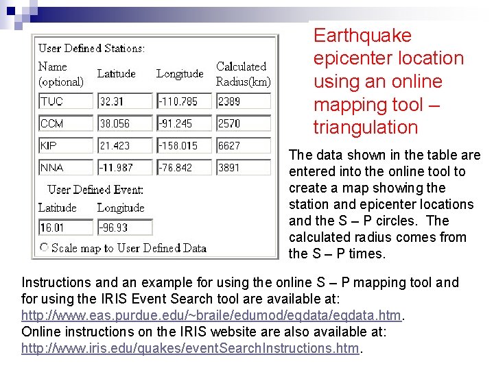 Earthquake epicenter location using an online mapping tool – triangulation The data shown in Earthquake epicenter location using an online mapping tool – triangulation The data shown in
