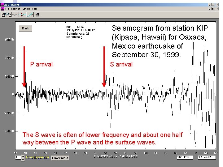 Seismogram from station KIP (Kipapa, Hawaii) for Oaxaca, Mexico earthquake of September 30, 1999. Seismogram from station KIP (Kipapa, Hawaii) for Oaxaca, Mexico earthquake of September 30, 1999.