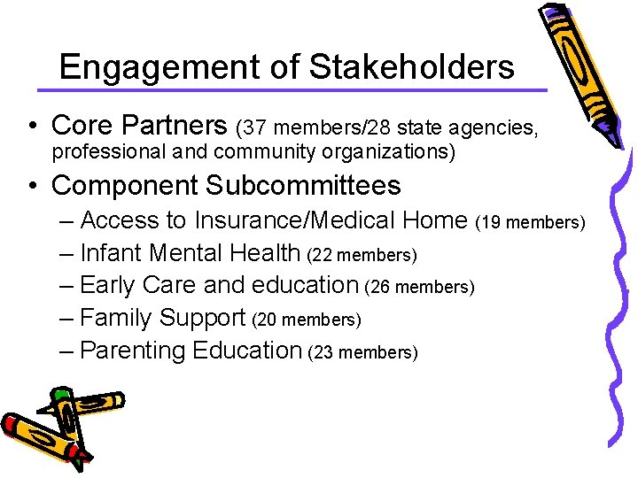 Engagement of Stakeholders • Core Partners (37 members/28 state agencies, professional and community organizations)