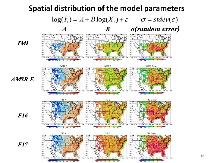 Spatial distribution of the model parameters A B σ(random error) TMI AMSR-E F 16