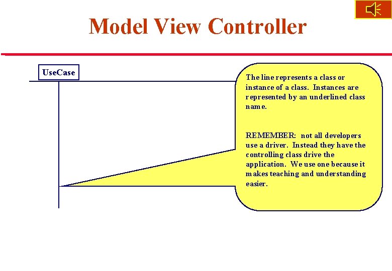 Model View Controller Use. Case The line represents a class or instance of a