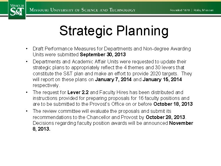 Strategic Planning • • Draft Performance Measures for Departments and Non-degree Awarding Units were