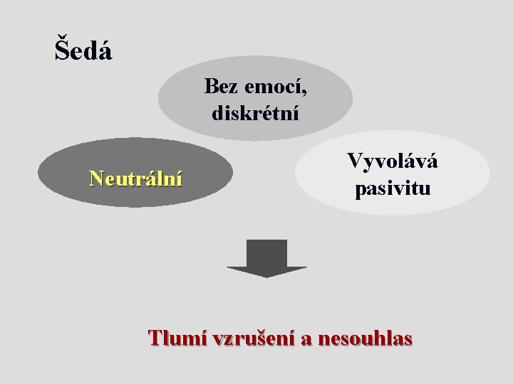 Šedá Bez emocí, diskrétní Neutrální Vyvolává pasivitu Tlumí vzrušení a nesouhlas 