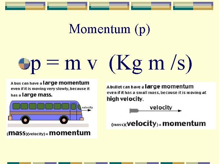 Momentum (p) p = m v (Kg m /s) 