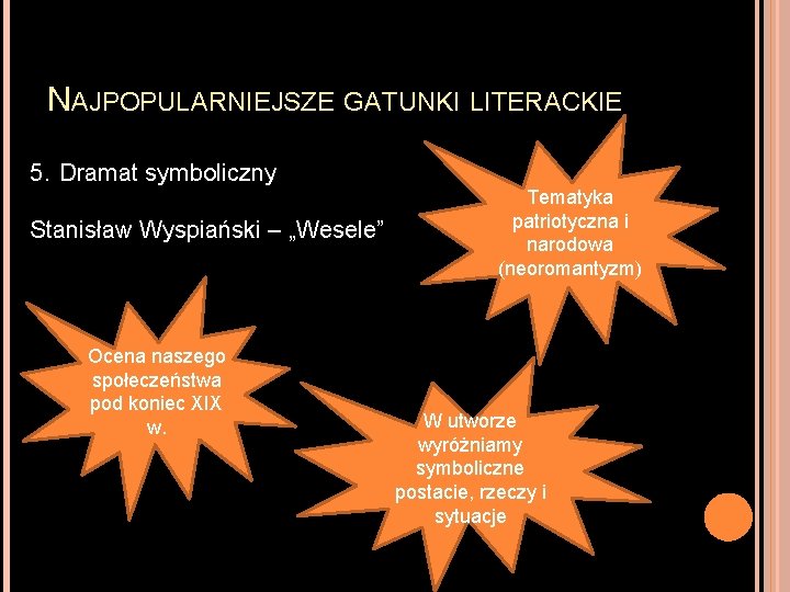 NAJPOPULARNIEJSZE GATUNKI LITERACKIE 5. Dramat symboliczny Stanisław Wyspiański – „Wesele” Ocena naszego społeczeństwa pod