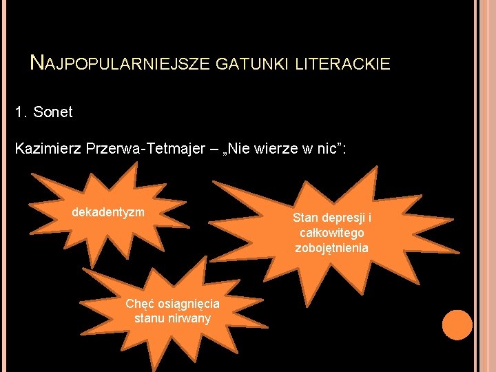 NAJPOPULARNIEJSZE GATUNKI LITERACKIE 1. Sonet Kazimierz Przerwa-Tetmajer – „Nie wierze w nic”: dekadentyzm Chęć