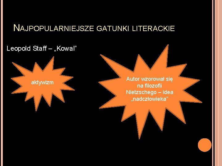NAJPOPULARNIEJSZE GATUNKI LITERACKIE Leopold Staff – „Kowal” aktywizm Autor wzorował się na filozofii Nietzschego