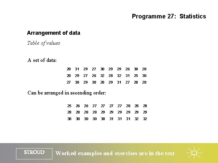 Programme 27: Statistics Arrangement of data Table of values A set of data: 28