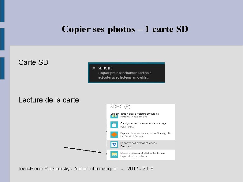 Copier ses photos – 1 carte SD Carte SD Lecture de la carte Jean-Pierre