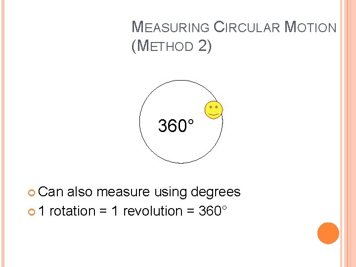 MEASURING CIRCULAR MOTION (METHOD 2) 360° Can also measure using degrees 1 rotation =