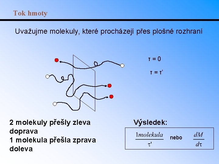 Tok hmoty Uvažujme molekuly, které procházejí přes plošné rozhraní τ = 0 τ =