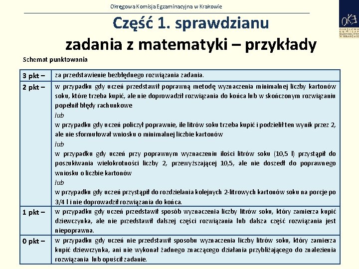 Okręgowa Komisja Egzaminacyjna w Krakowie Część 1. sprawdzianu zadania z matematyki – przykłady Schemat