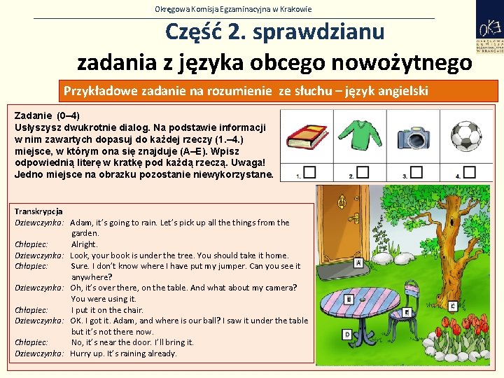 Okręgowa Komisja Egzaminacyjna w Krakowie Część 2. sprawdzianu zadania z języka obcego nowożytnego Przykładowe