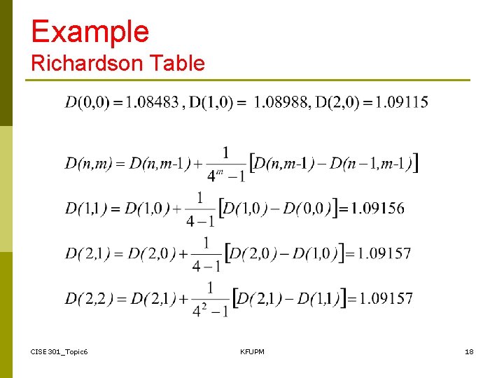 Example Richardson Table CISE 301_Topic 6 KFUPM 18 